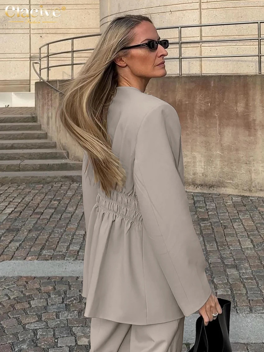 Clacive Fashion loose khaki office womens twopiece set elegant long sleeved jacket high waist wide pants for women 250326