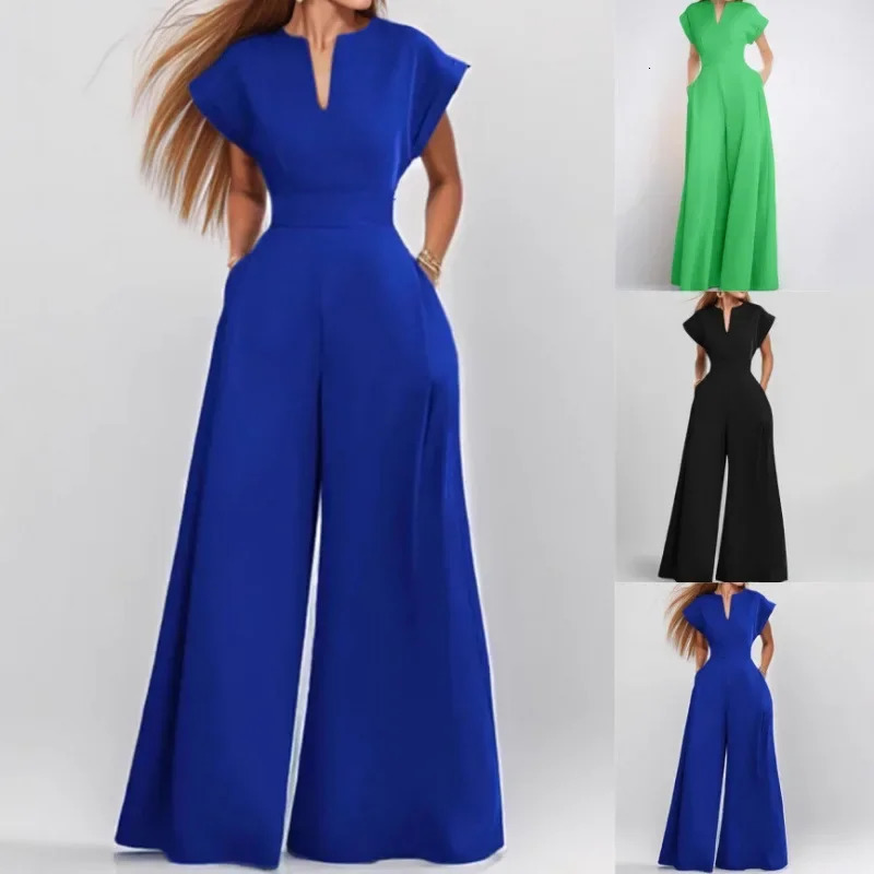 Womens loose fashionable elegant short sleeved collar solid color wide leg jumpsuit casual and comfortable onepiece set 250326