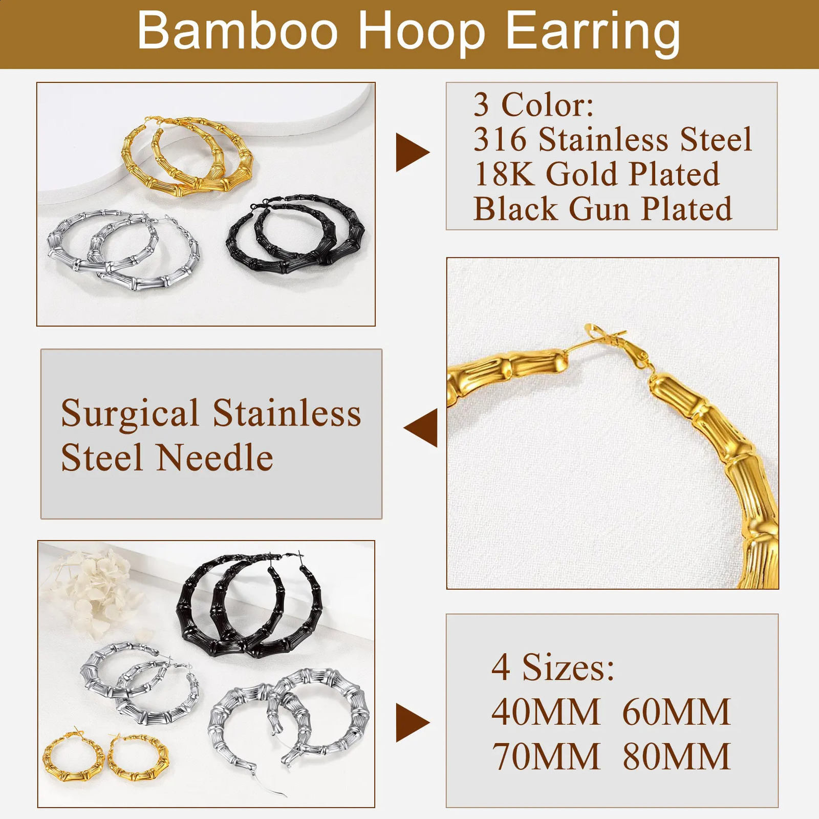 U7 Hyperbole Big 40/60/70/80mm Diameter Bamboo Hoop Earrings for Women 14K Gold Color Geometric Earring Statement Jewelry 250327