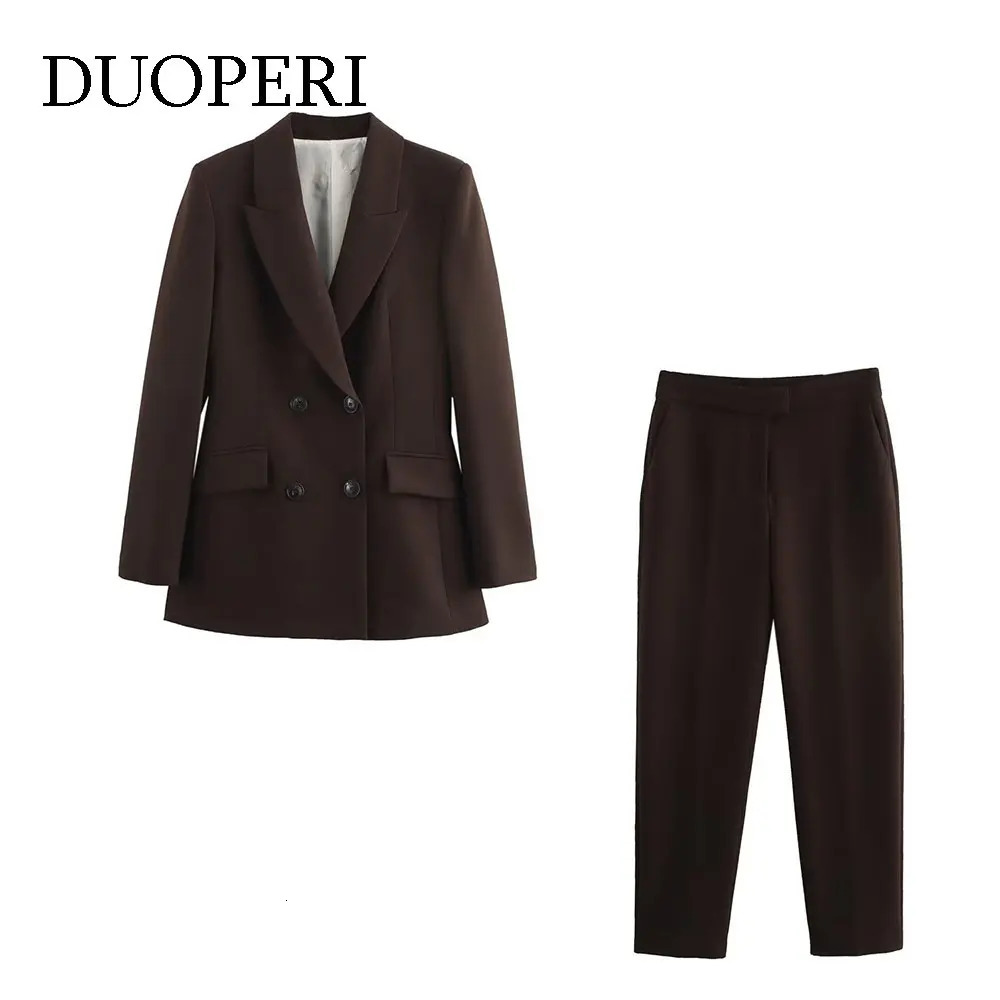 DUOPERI Womens Fashion 2piece Coffee Basic Jacket and Retro Front Zipper Trouser Femle Office Pants Set 250326