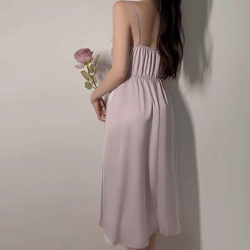 Wholesale Small Size Pure Satin Sheer Lace Robe Deep V Slip Silk Sexy Pamas Nightgown Sleepwear Nightdress For Women Set