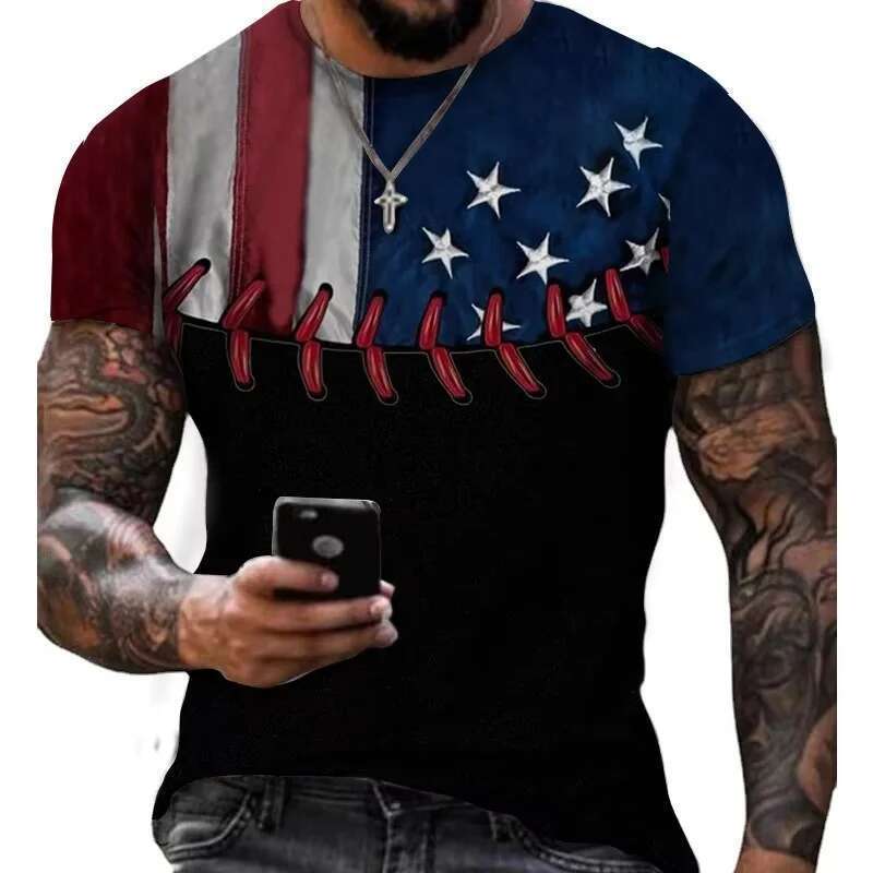 Men s American Flag Pattern T shirt D Printed Color Blocks Neutral Summer Loose Top Round Neck Short Sleeve