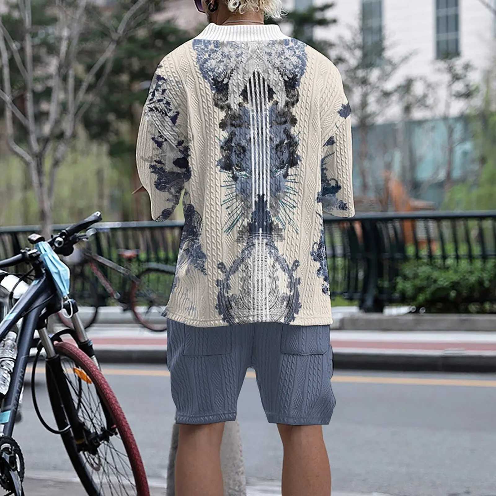 American classic printing traditional jacquard loose street personality trend mens V-neck hanging shoulder casual short sleeved shirtXJ250326