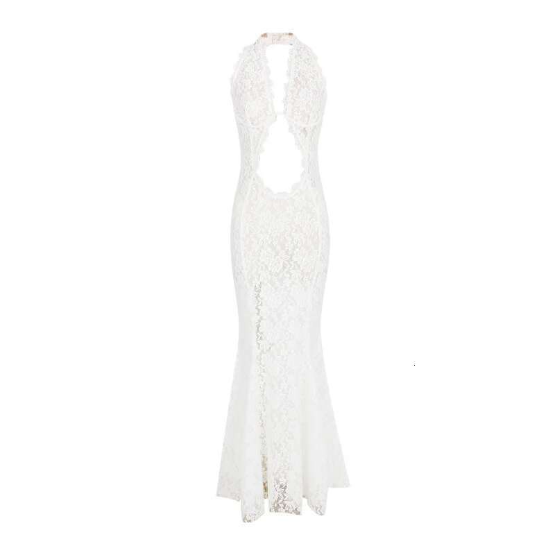 Dongdumaoyi Sexy Lace Cropped See Through Mermaid Dress Hot Girl Halter Sleeveless Long Women Summer High End Feel C