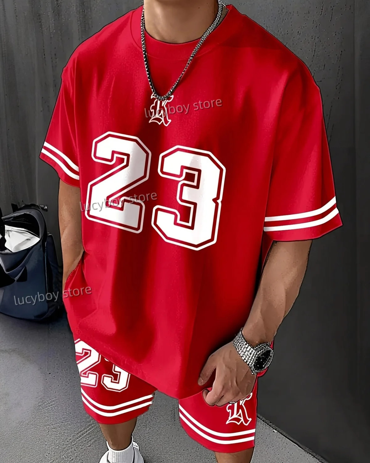 Mens 23 print set 2piece mens Tshirt shorts casual retro sportswear clothing 250326