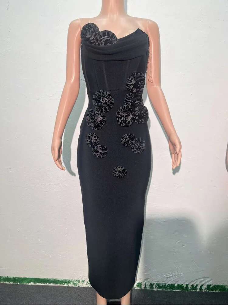 Dongdumaoyi Gebreide Strapless Bandagejurk Met Stoffen Bloemen Elegante Avondjurk Hoogwaardige Mode Damesjurk