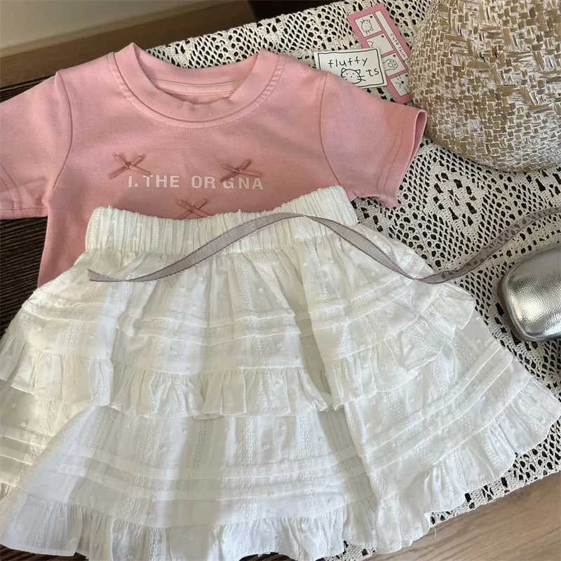 Angel Childrens Clothing 2025 New Summer Girls Bow Short Sleeve T-shirt Childrens Foreign style Culloses Two Piece SetT250327