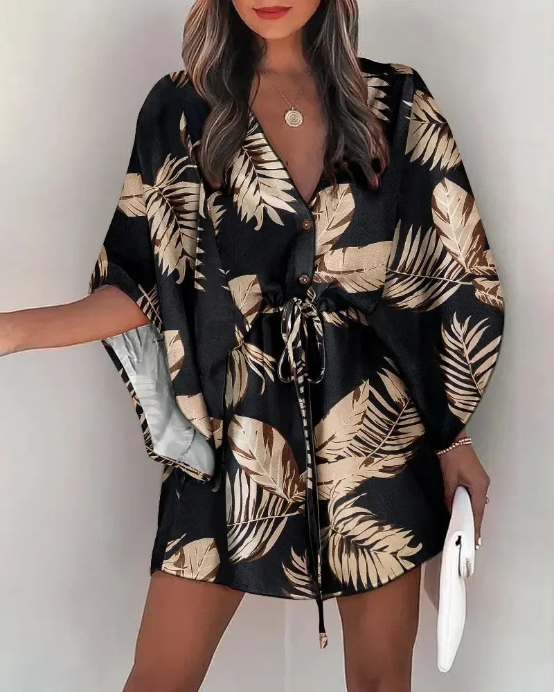 Summer casual brushed lace up mini loose dress with fashionable print batsleeves beach sexy button Vneck womens party cover 250326