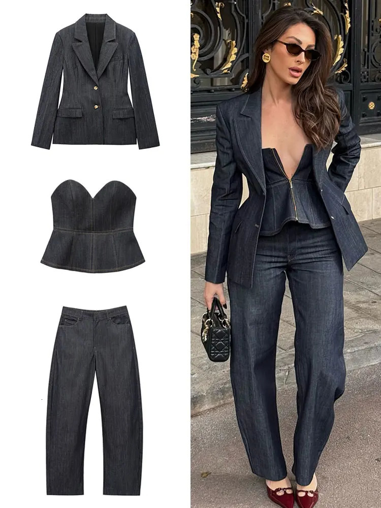 TRAFZA womens denim jacket pants set long sleeved strapless vest straight Trouser jeans fashionable streetwear 250326