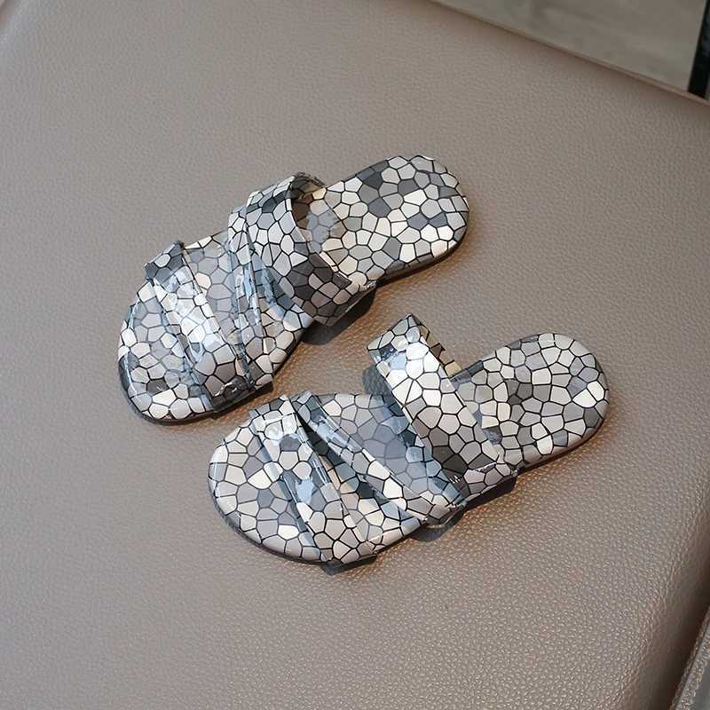 Slipper Silver/coffee colored childrens slippers with flat shoes open toe non slip 2025 summer outdoor PU girls straight Zapatillas Mujer S25326