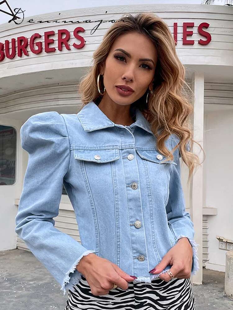 Washing Denim Women Jacket Turn-Down Collar Bubble Sleeve Single Breasted Slim Female Jackets Spring New Fashion Lady Coats