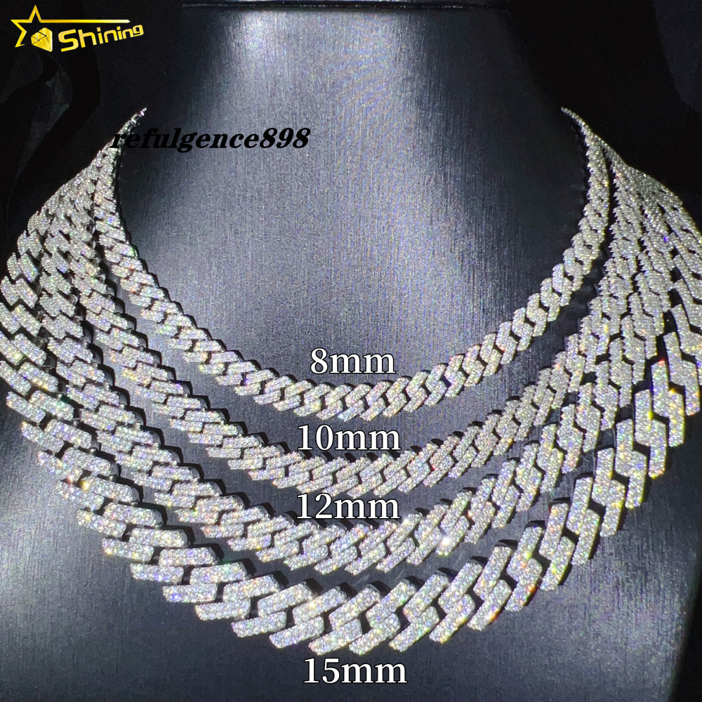 Iced Out Vvs Moissanite 2 Rows Miami Gold Cuban Chain Necklace 925 Sterling Silver Diamond Moissanite Cuban Link Chain