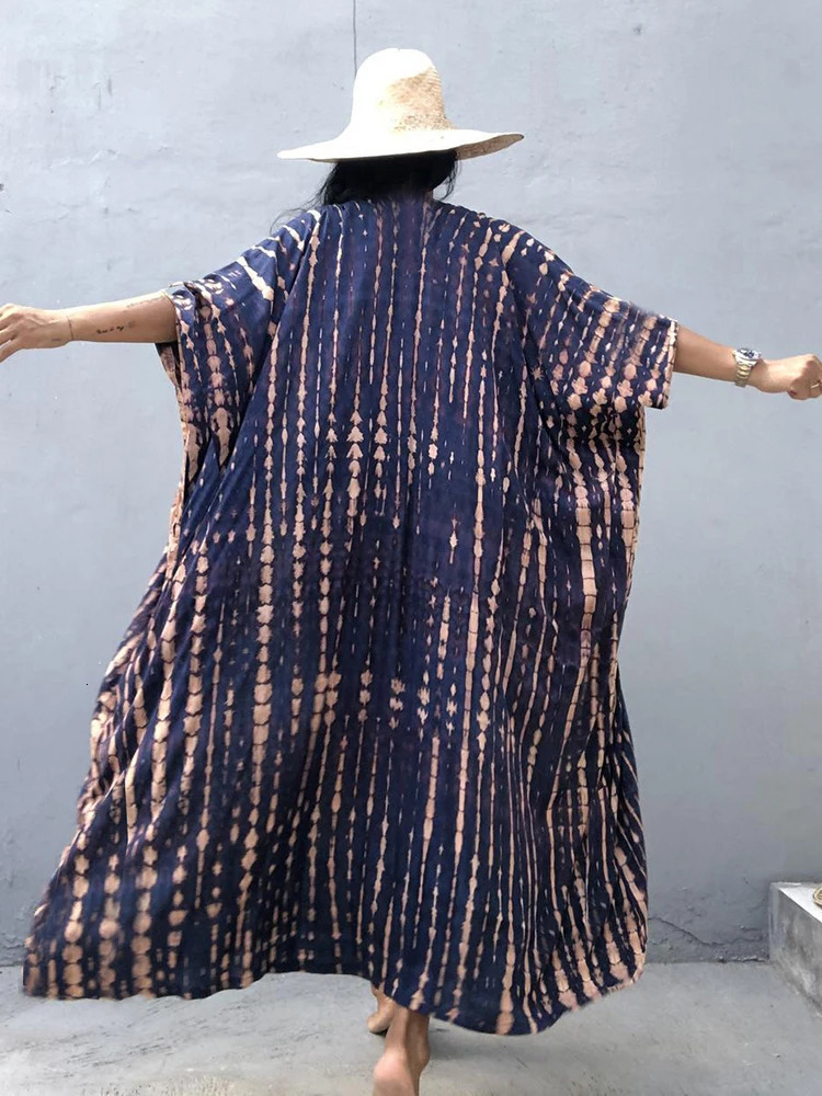 Fitshining Summer Retro Kimono Swimsuit Halo Stained Beach Cover with Belt Oversized Long Open Woolen Sweater Holiday Sexy 250326