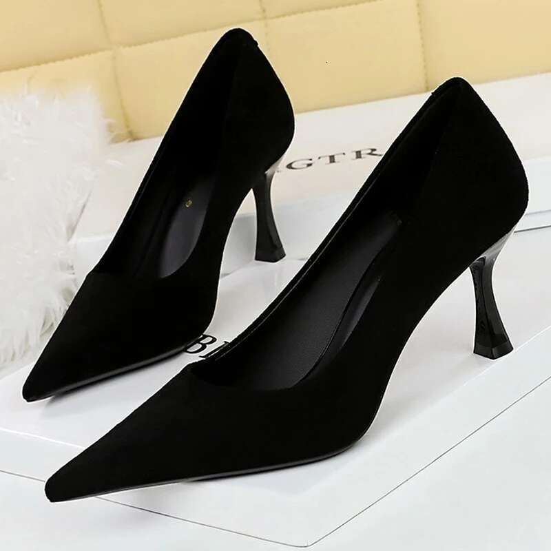BIGTREE Suede Black Pumps Wine Glasses And High Pointed Toe Women Heels 7 Cm 10cm Ladies Office Shoes