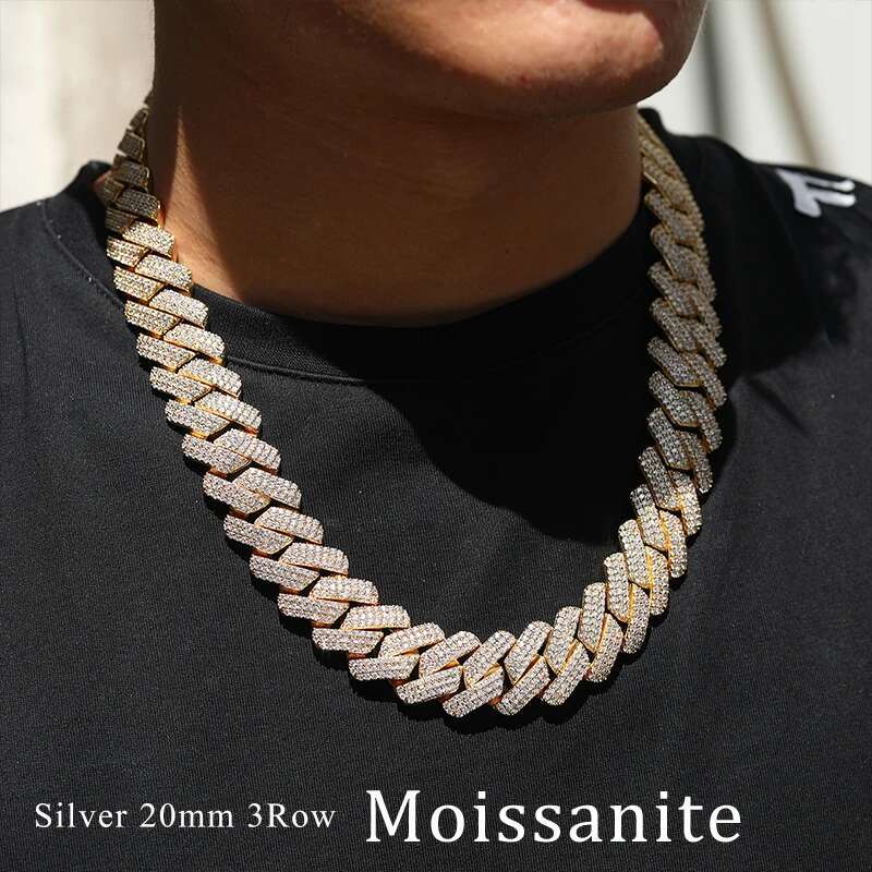 20mm 2 Row Cuban Chain Moissanite Necklace For Men Hip Hop Jewelry 925 Sterling Silver Chain High Quality Dropshipping