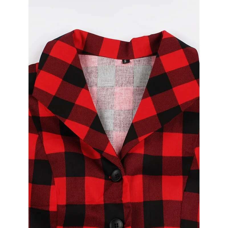 Dongdumaoyi Elegante Jaren Retro Gotische Rode Geruite Jurk Voor Dames V Hals Korte Mouw Met Riem Knielengte Mix Wasbaar In De Machine