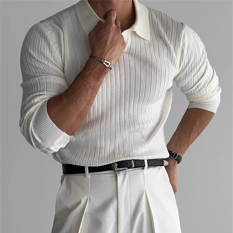 Mens fashion y Vneck knitted jacquard polo shirt solid color long sleeved Korean casual knitting autumn 250327