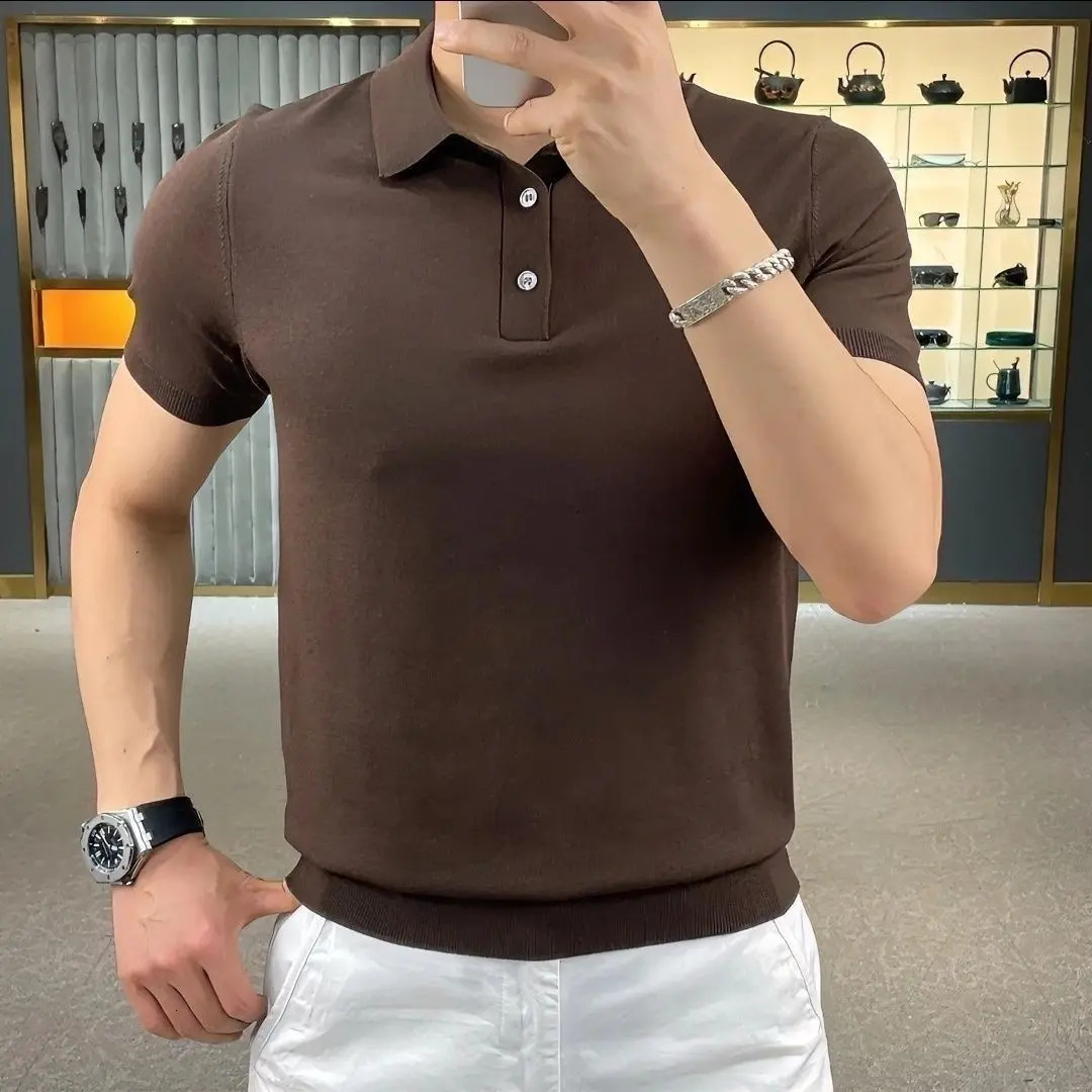 Mens thin Tshirt slim fit fashionable knitted elastic business solid color polo shirt short sleeved lapel mint mens style 250327