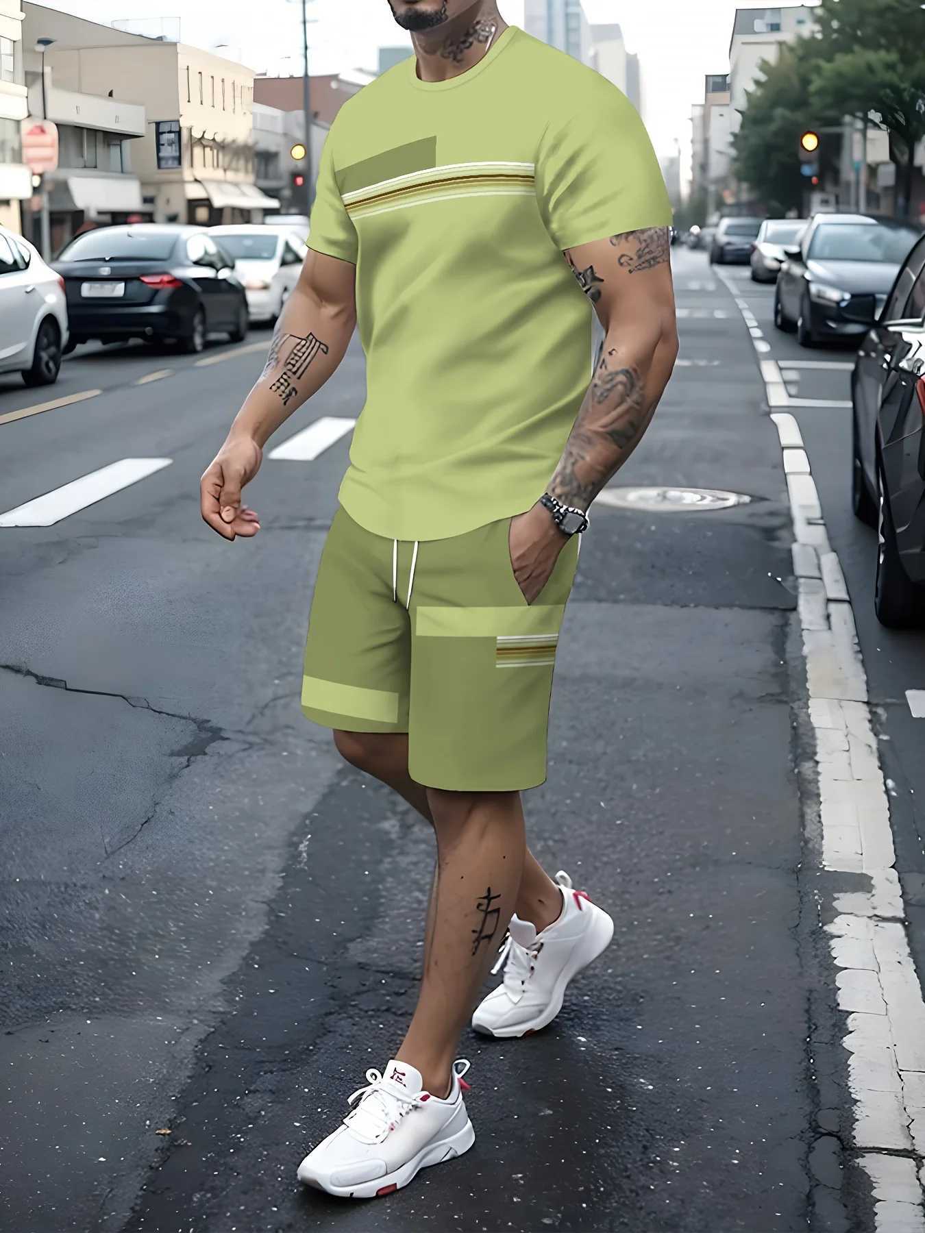 Comfortable polyester mens casual fashion set - unique printed design washable T-shirt and drawstring shortsXJ250326