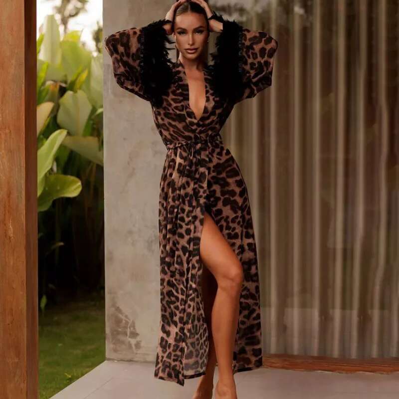 Dongdumaoyi New Leopard Print Long Sleeve High Waist Slit Dressvcollar Graceful Personality Fashion Women C