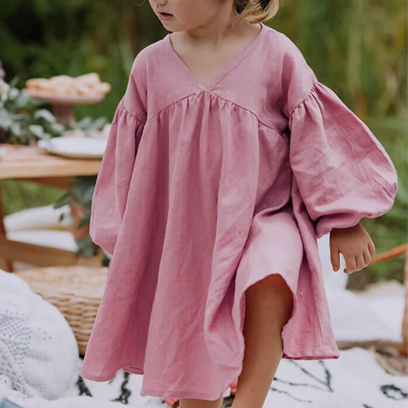 Girls Sweet Bubble Sleeve Linen Dress 2025 Spring Baby Girl Retro Cotton Linen V-Neck Loose Princess Dresses Kids Clothes 250326