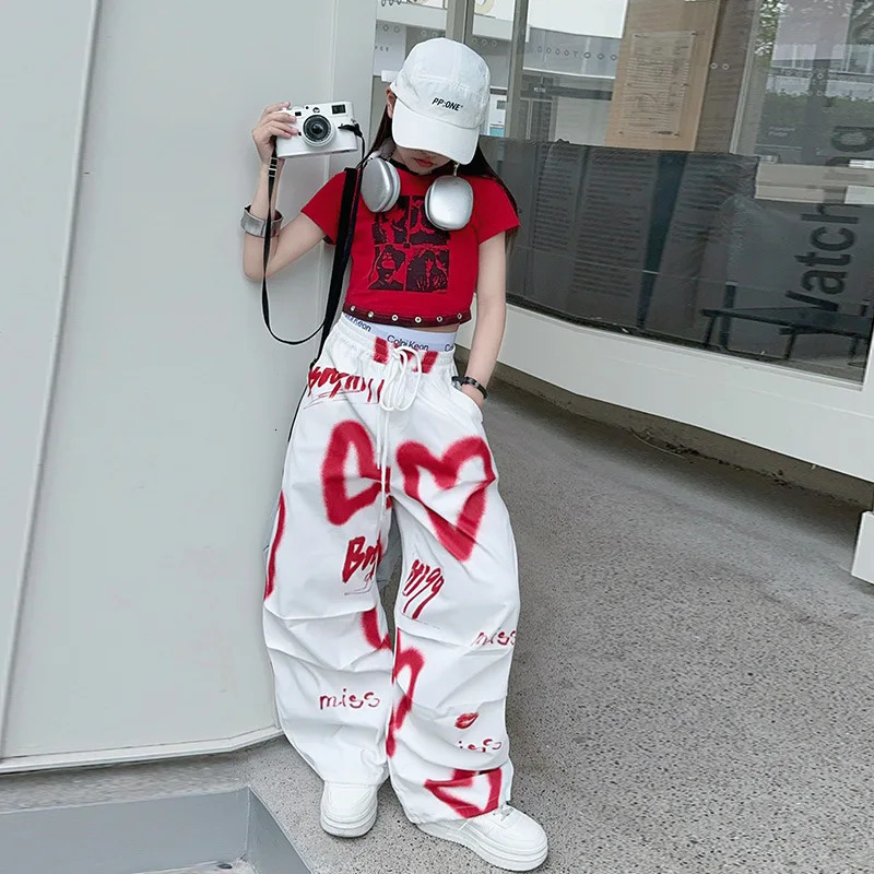 2025 summer spring teens tracksuit Girls cloth heart set graffiti t-shirt top long wide leg pant Kid 4 5 6 7 8 9 10 12 14 year 250326