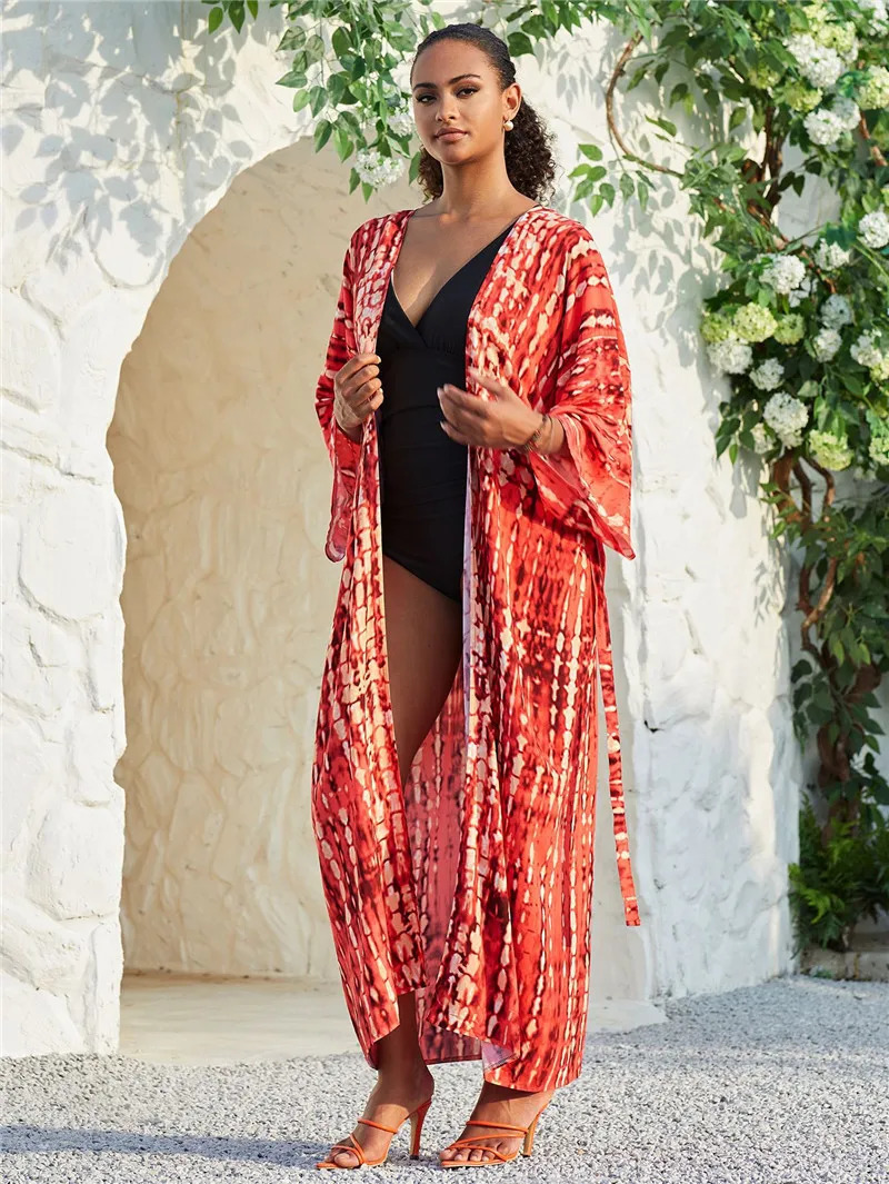 Womens long kimono swimsuit fashionable tie dye open seaside swimsuit 250324