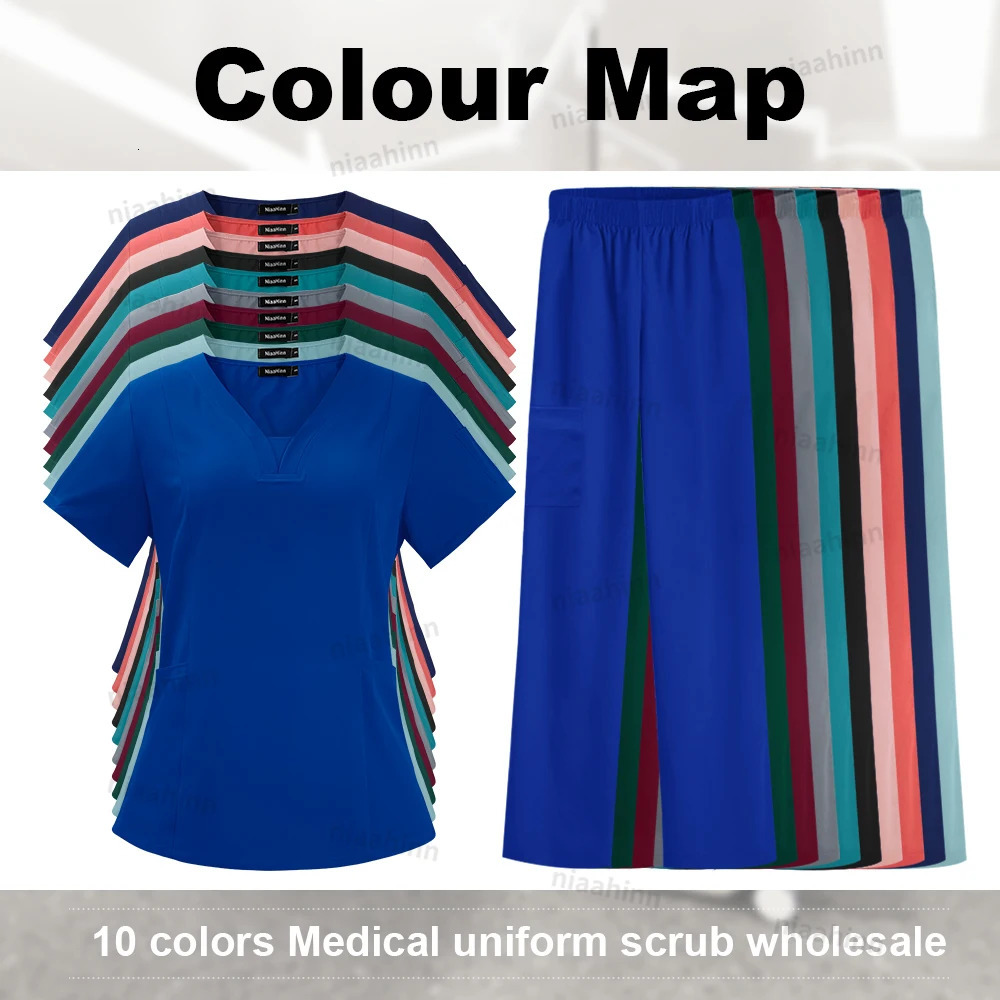 Dental scrub Tshirt fashionable and simple nurse uniform Vneck short sleeved top jogging pants clinic jacket nursing accessories for women 250326