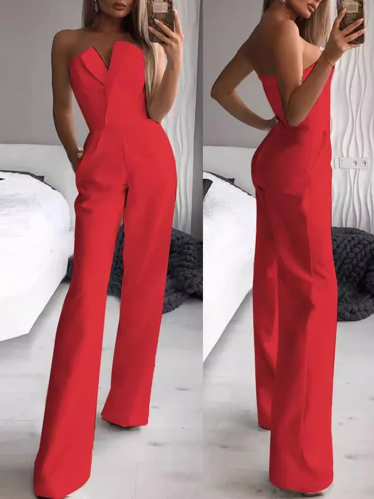 Elegant and chic sleeveless black white fashionable casual jumpsuit sexy strapless ultrathin solid color office womens 250326