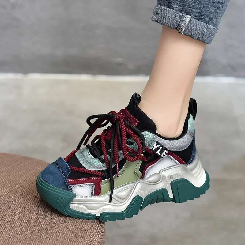 Light Luxury Designer Shoes 5cm Genuine Leather Synthetic Women's Spring Wedge Heel Mixed Color Comfortable Shoes Autumn Loafers Thick Sole Sneak