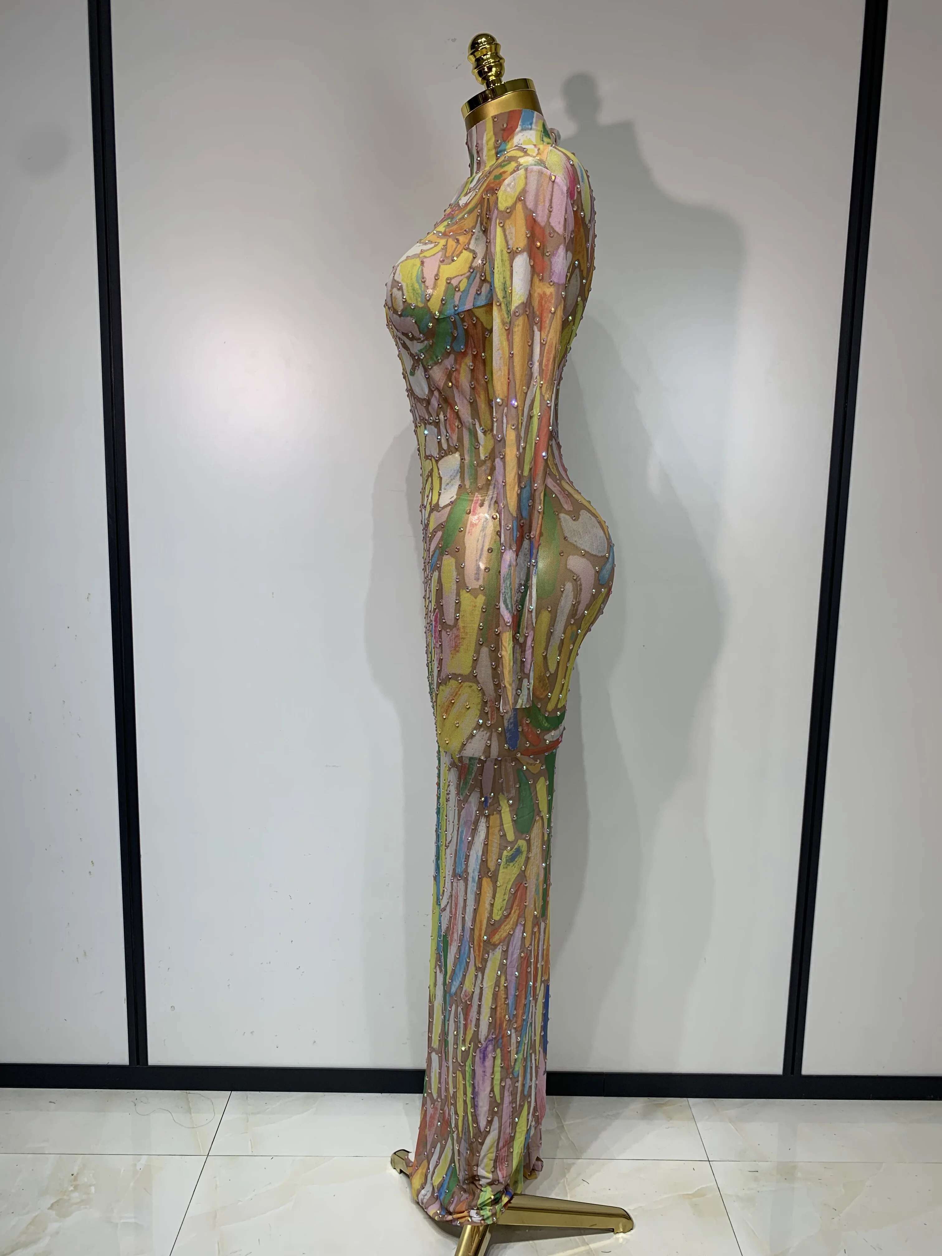 Sparkly Rhie Stretchy Mesh See Through Jumpsuit Women Performance Dancer Costume Rompers Party Nightclub Stage Outfit
