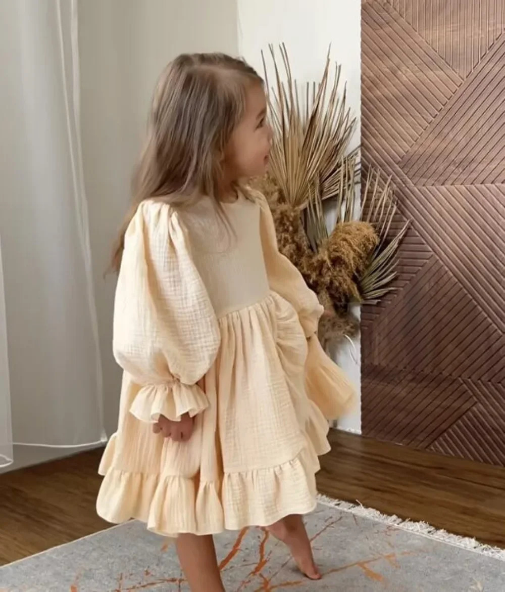 4475 Children Dress Autumn Linen Ruffled Slit Hem Dress Elastic Sleeve British Girls Dress 250326