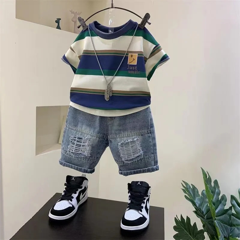 Boys Summer Boutique Outfits Cotton Set Baby Boys Short Sleeve Shirt Jeans Shorts 2pcs Clothing Children 6 7 8Y 250326