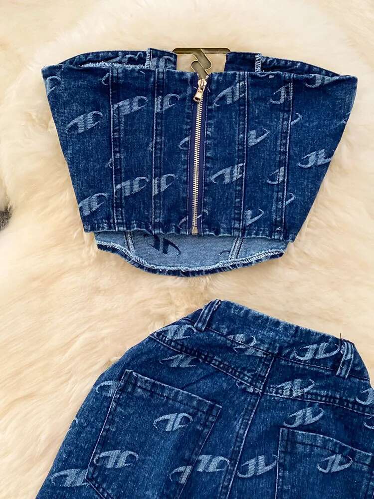 Fashion Women's Retro American Style Bra Denim Tank Top Two Piece Casual High Waist Slim Straight Trouser Set