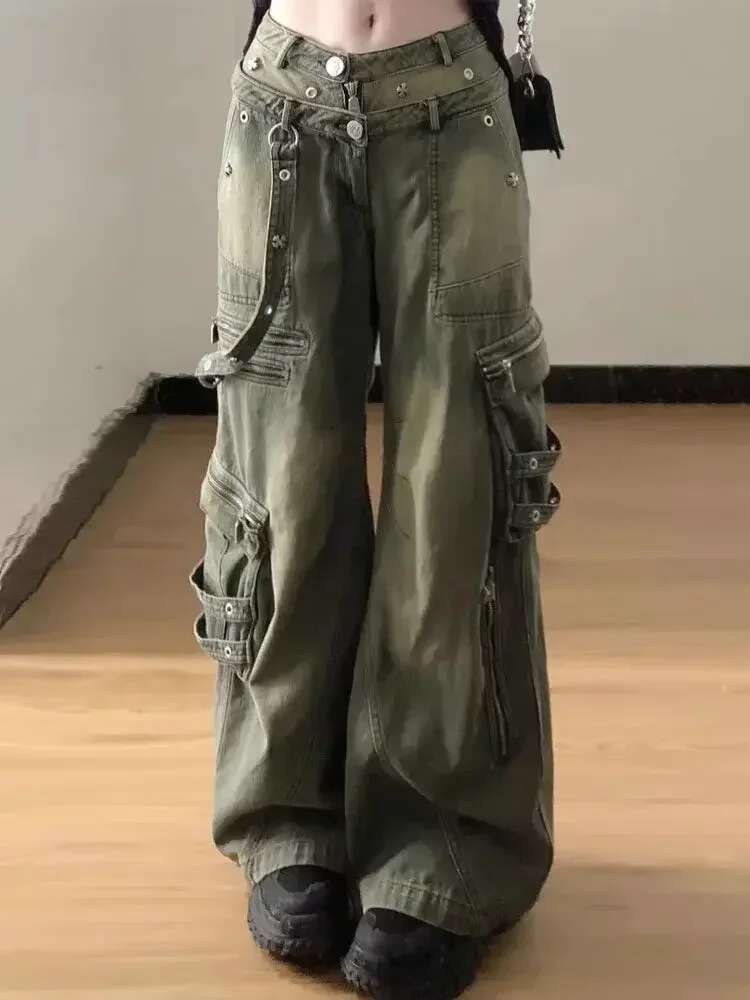 Loose Retro Washed Cargo Streetwear Zipper Baggy Hiphop Straight Pants Multi-Pocket Wide Leg Jeans Women