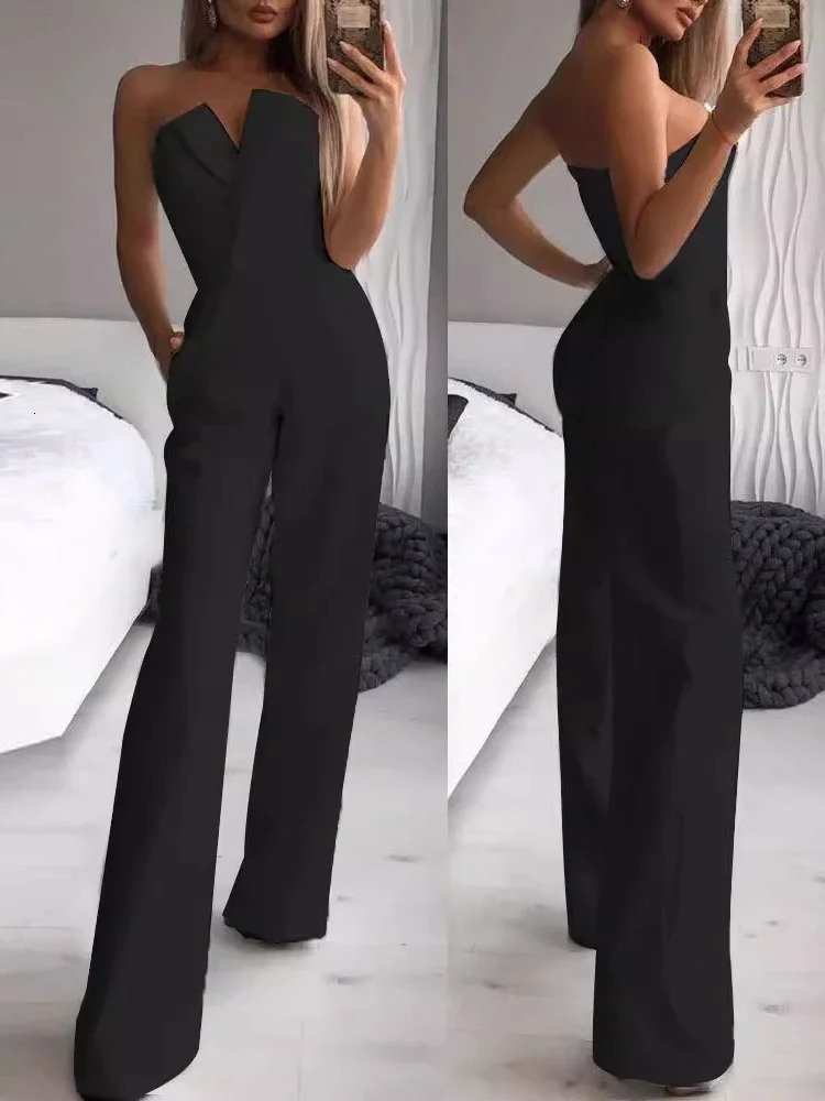 Elegant and chic sleeveless black white fashionable casual jumpsuit sexy strapless ultrathin solid color office womens 250326