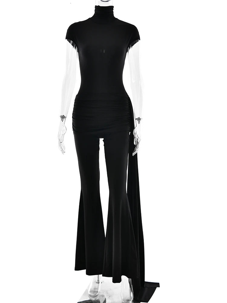 Fantoye Turtleneck Short Sleeve Ribbon Women Jumpsuit Blue Round Neck Ruched Jumpsuit Femme Spring Slim Elegant Party Streetwear 250326