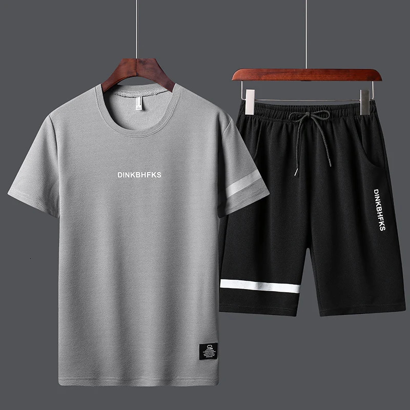 Mens Summer High Quality Two piece Outdoor Sports Fitness Lightweight Breathable Short Sleeve Quick Drying Set 250327