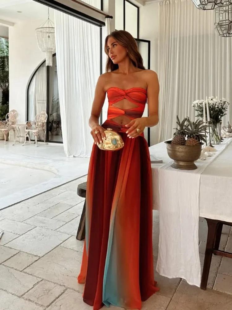 Sexy summer holiday print strapless hollow dress fashion comparison colorful backless robe 2025 beach party vest 250324