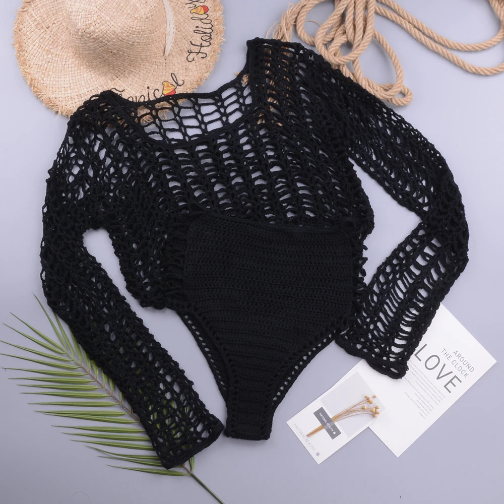 Swimsuit Female Bikini Crochet Beach Split Swimsuit Fishnet Hollow Out Mesh Bikini Cover Up Long Sleeve Boho Beachwear 250326