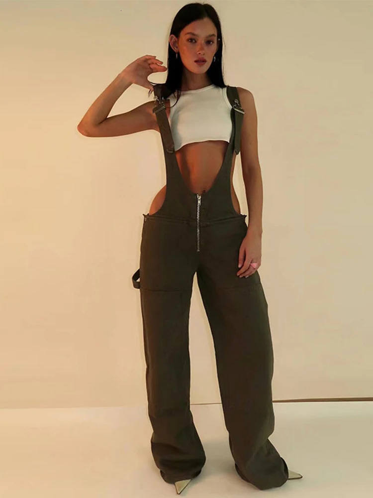Womens adjustable shoulder strap denim top with exposed zipper detailed tilted pockets practical jumpsuit streetwear fashionable elastic set 250326