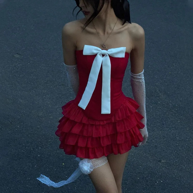 Cryptographic Elegant Bow Detail Sexy Strapless Two Piece Womens Club Set Ruffle Red Top and Skill Matching 250326