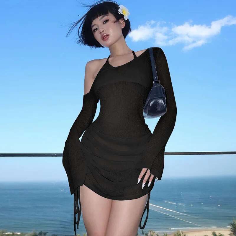 Dongdumaoyi Nieuwe Lente Zomer Sexy Mode Gesmokte Cover Up Pure Asymmetrische Halslijn Strandvrouwenjurk