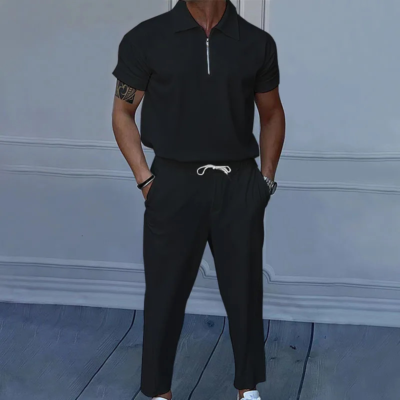 Summer European and American Mens Solid Color Set with Collar Short Sleeve Zipper Clothing 250326
