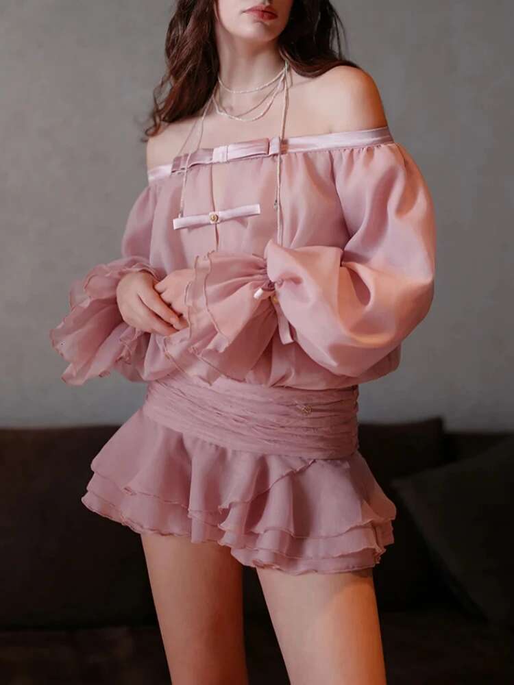 Sexy Women Slash Neck Long Sleeves Off The Shoulder Hollow Out Bow Mini Dress Ruffles Slim Dresses Evening Party Tail Club