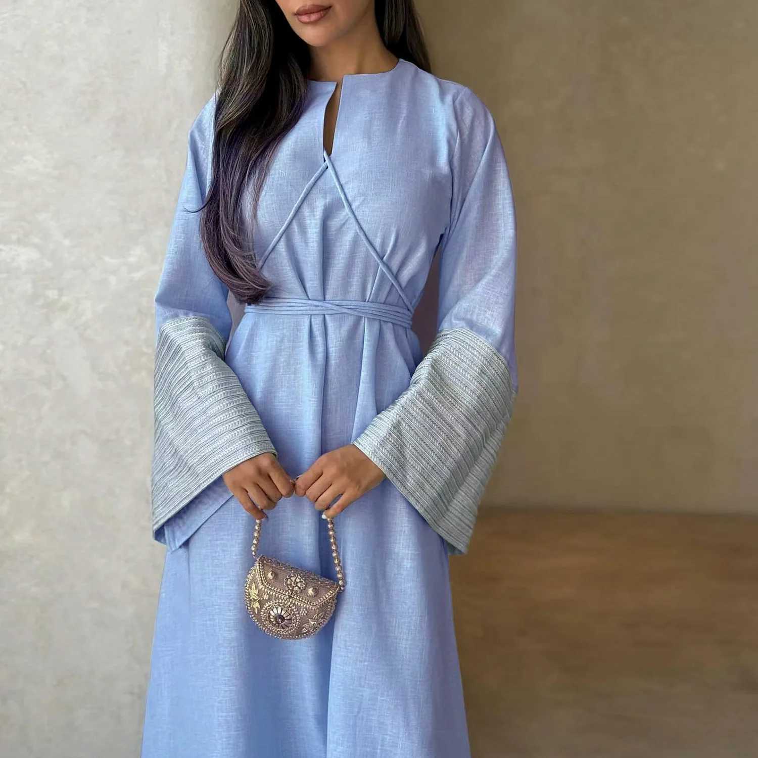 New Linen Palestine Embroidery Muslim Belted Dress Kufiyah Modest Abaya Ramadan Closed Abaya Women Muslim Clothing Casual Dress X250514