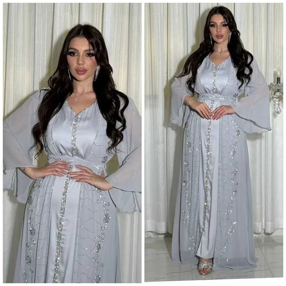 Elegant 2 Pieces Muslim Sets for Women Eid Arab Open Abaya Dress Islam Femme Party Jalabiya Luxury Turkey Dress Moroccan Kaftan X250514