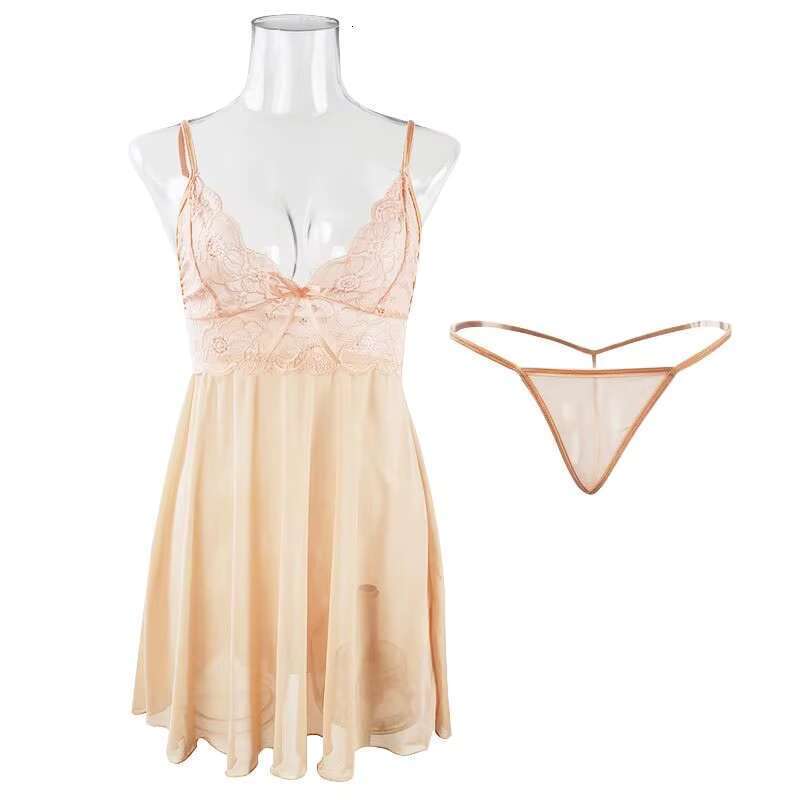 Thin Nightdress Lady Pink Bow Mesh Pama Home Sexy Gerie Slip Dress