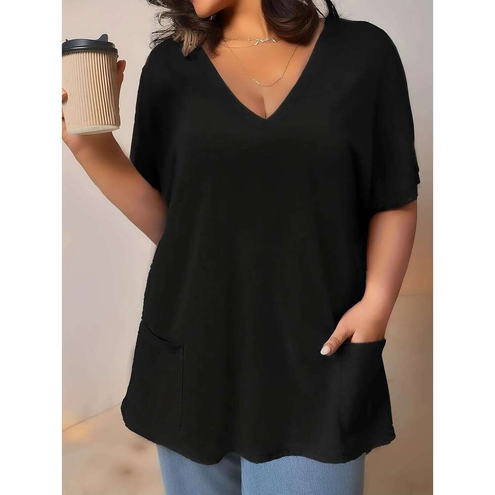 Women's V-neck short sleeved T-shirt, plus size, casual, front pocket, comfortable