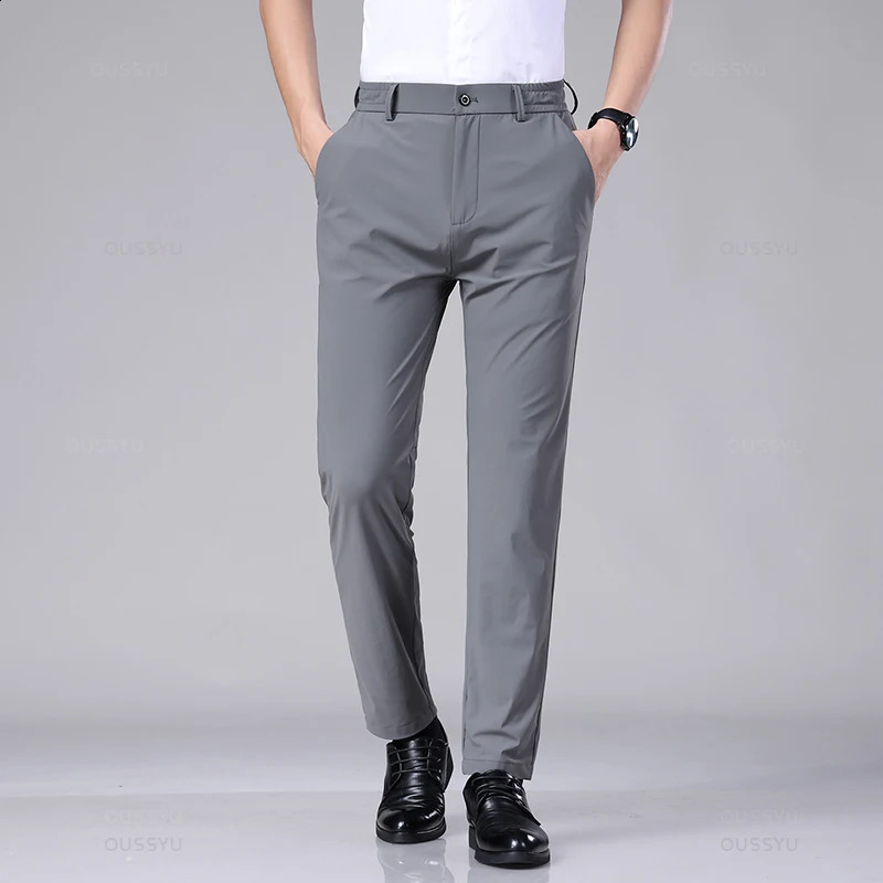 Spring Summer Mens Casual Pants Business Stretch Slim Fit Elastic Waist Jogger Korean Classic Thin Black Gray Trousers Male 250317